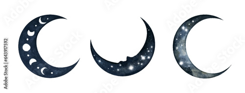 Set of The moon. Watercolor illustration.