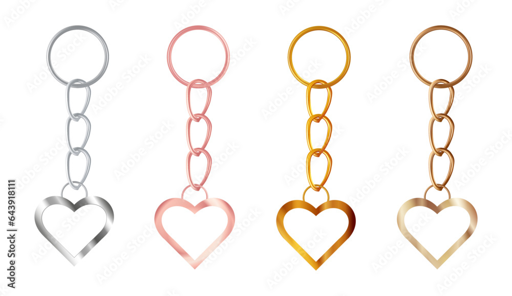 A set of copper or bronze, gold or brass, silver or steel, pink gold keychains in the shape of a heart. Metal key holders isolated on white background. Realistic vector illustration. A set of copper or bronze, gold or brass, silver or steel, pink gold keychains in the shape of a heart. Metal key holders isolated on white background. Realistic vector illustration.