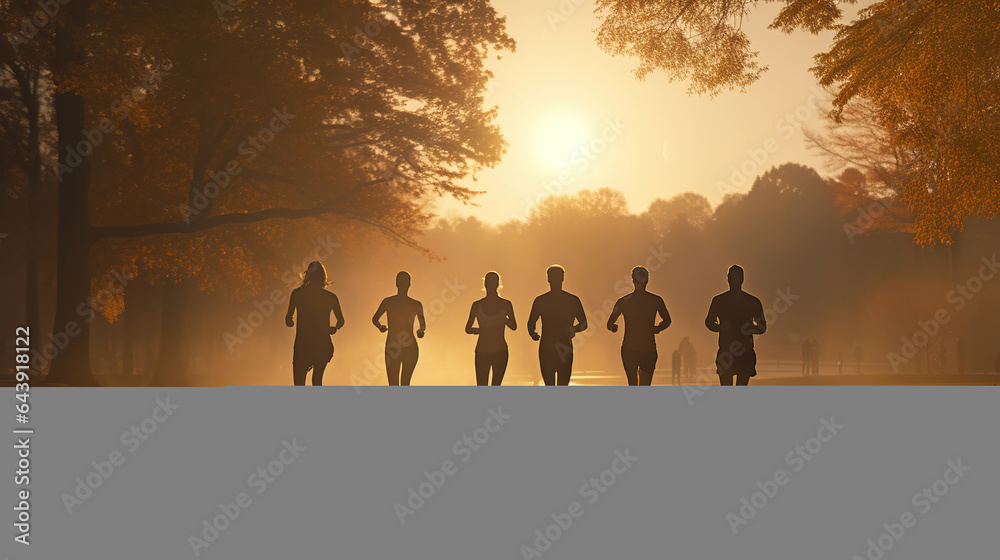Runner group running on sunrise in park in autumns