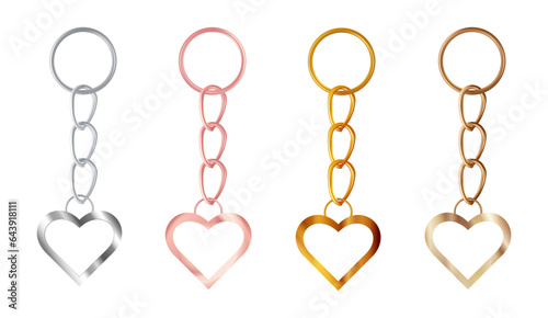 A set of copper or bronze, gold or brass, silver or steel, pink gold keychains in the shape of a heart. Metal key holders isolated on white background. Realistic vector illustration.