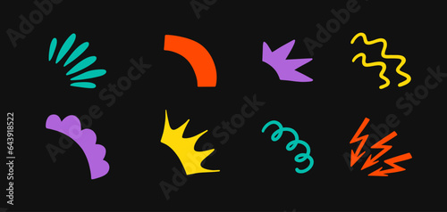 Doodle radial abstract stickers. Hand drawn round corner text decoration element. Groovy funky star, lightning, crown, splash in trendy retro 90s 00s cartoon style. Idea symbol. Vector illustration.