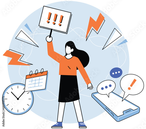 Business woman working in office. Employee during work process and abstract business data analysis. Person in workflow. Managing, sorting and analyzing digital information flow, controls time and plan