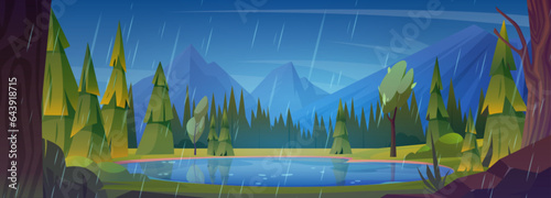 Forest lake nature landscape background with rain. Pine tree and mountain scenery beautiful rainy summer illustration. Abstract valley with pond view outdoor drawing panorama. Range silhouette picture