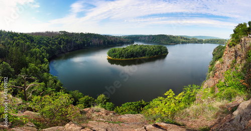 Lake and island with trees. Water reservoir Sec, Czech Republic, Europe