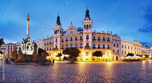 Panorama of town square in Pardubice at night, Czech Republic