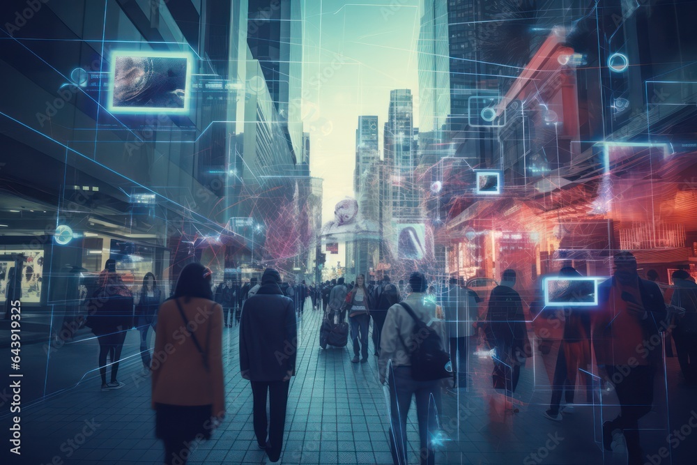 Espionage and data collection. Surveillance camera of a crowd of people walking along busy city streets. Face recognition big data comprehensive analysis interface, scanning and displaying information