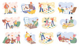 Game together. Family fun. Friendship time. Vector illustration. Engaging in board game brings people closer and encourages healthy competition People playing games together discover new aspects of