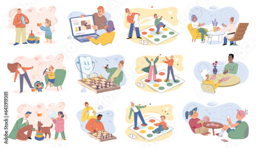Game together. Family fun. Friendship time. Vector illustration. Engaging in board game brings people closer and encourages healthy competition People playing games together discover new aspects of