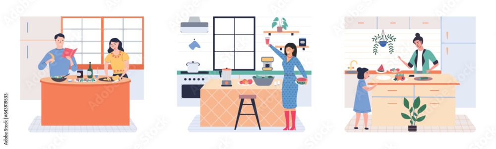 People cooking vegetarian food. Vector illustration. Chef cooks preparing food cook hands on the kitchen table. Set with people who cook and utensils. Food and cooking banner. Cooking vegatable People cooking vegetarian food. Vector illustration. Chef cooks preparing food cook hands on the kitchen table. Set with people who cook and utensils. Food and cooking banner. Cooking vegatable