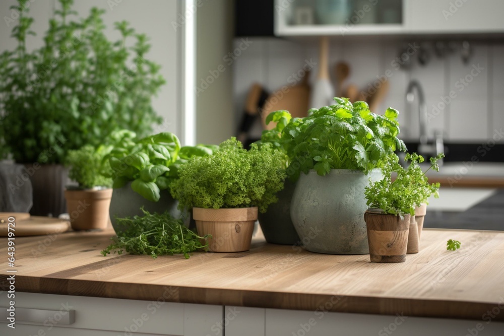 Green plants on wooden tabletop against kitchen counter backdrop. Generative AI