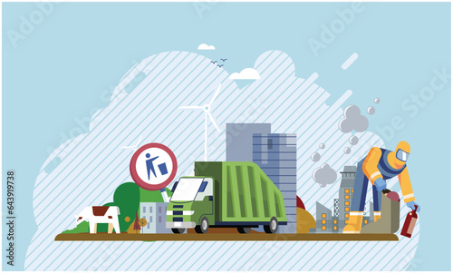 Environmental pollution with garbage and waste big problem due to human activities and unreasonable consumption. Man picking up garbage pile in container disposed on street exterior, littered city
