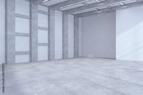 Contemporary empty concrete office premises interior with mock up place on wall. 3D Rendering.