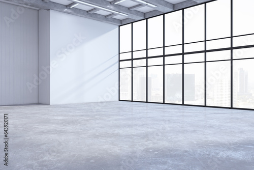 Canvastavla Contemporary empty concrete office premises interior with panoramic windows, city view, shadows and mock up place on wall