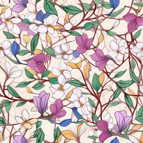 Delicate jasmine vines intertwined with geometric seamless pattern, AI Generated