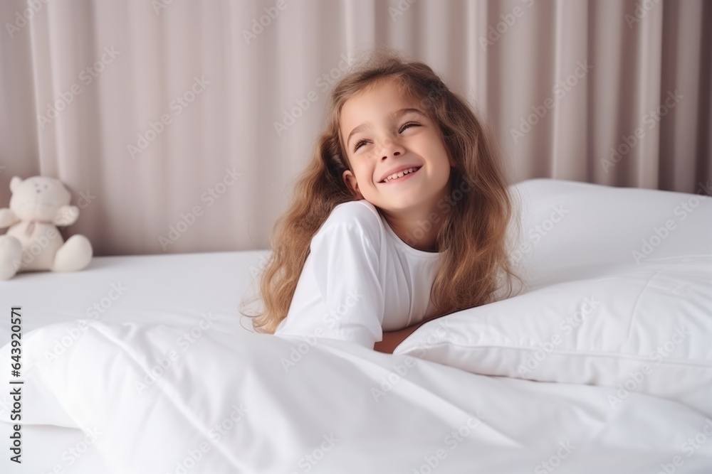 Morning of little girl sitting on bed with comfortable mattress Morning of little girl sitting on bed with comfortable mattress