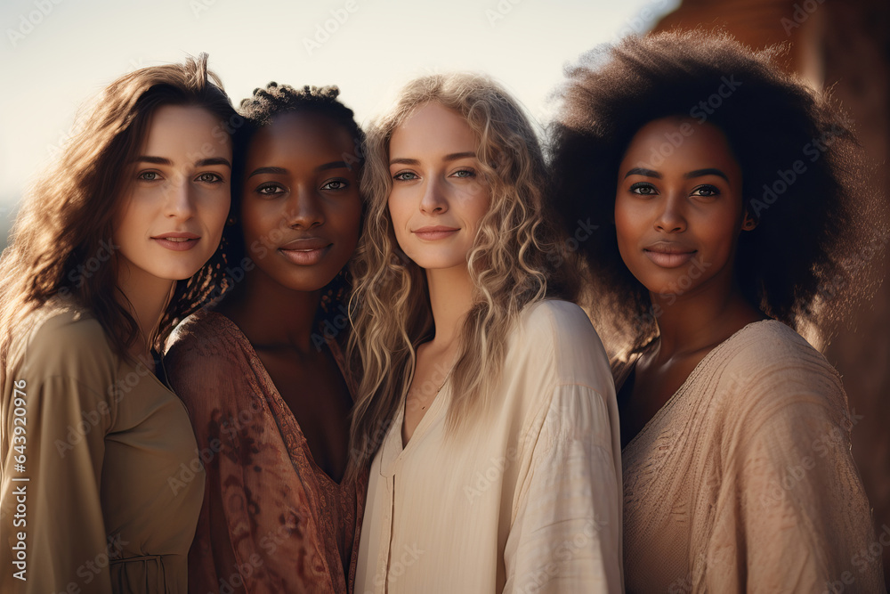 Obraz premium Portrait of beautiful diverse multiracial women standing together outside. Backlight.