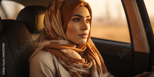 Portrait of beautiful muslim woman in hijab sitting in the car © © Ai Factory