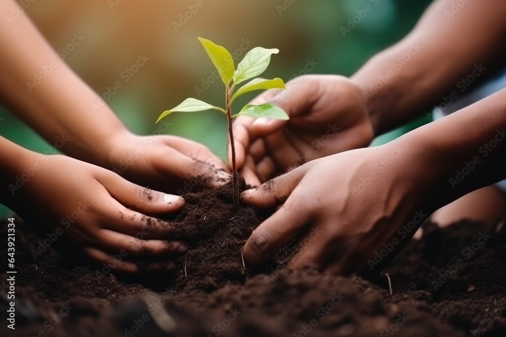Fototapeta premium Agriculture teamwork. farmers team hands plant a small plant in the ground soil