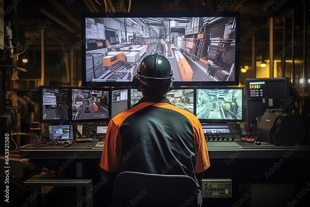 Back view of engineer in safety helmet and uniforms on Big Screen monitor computer working control machine in factory