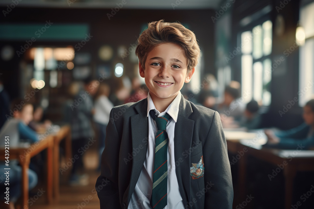 Fototapeta premium Smiling boy in school uniform looking at camera. Photo taken at school. Back to school concept. 