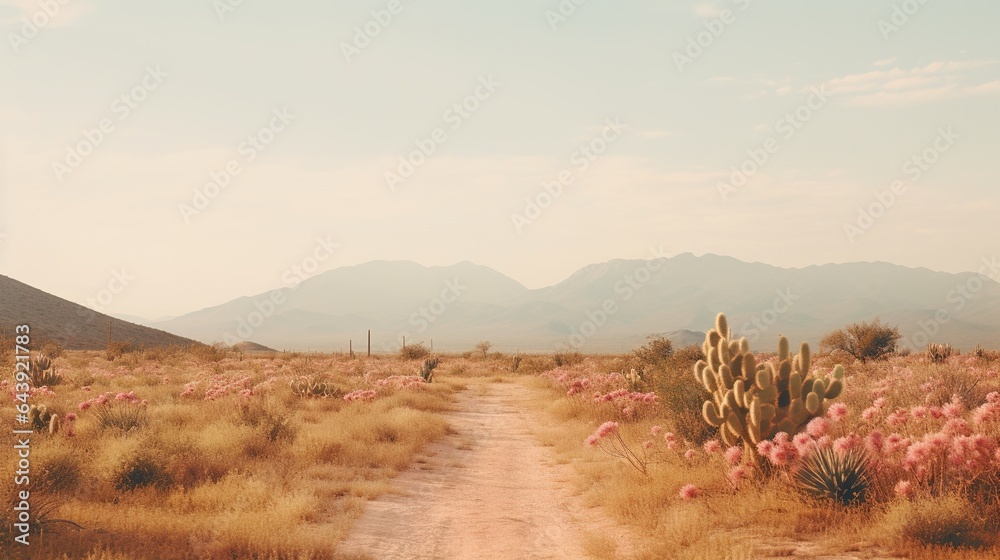 Generative AI, lonely road in the desert, aesthetic, muted neutral colors, cacti plants Generative AI, lonely road in the desert, aesthetic, muted neutral colors, cacti plants