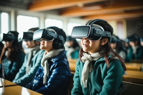 Group of students at aged 10, wearing virtual reality headset in class room generate with Ai.
