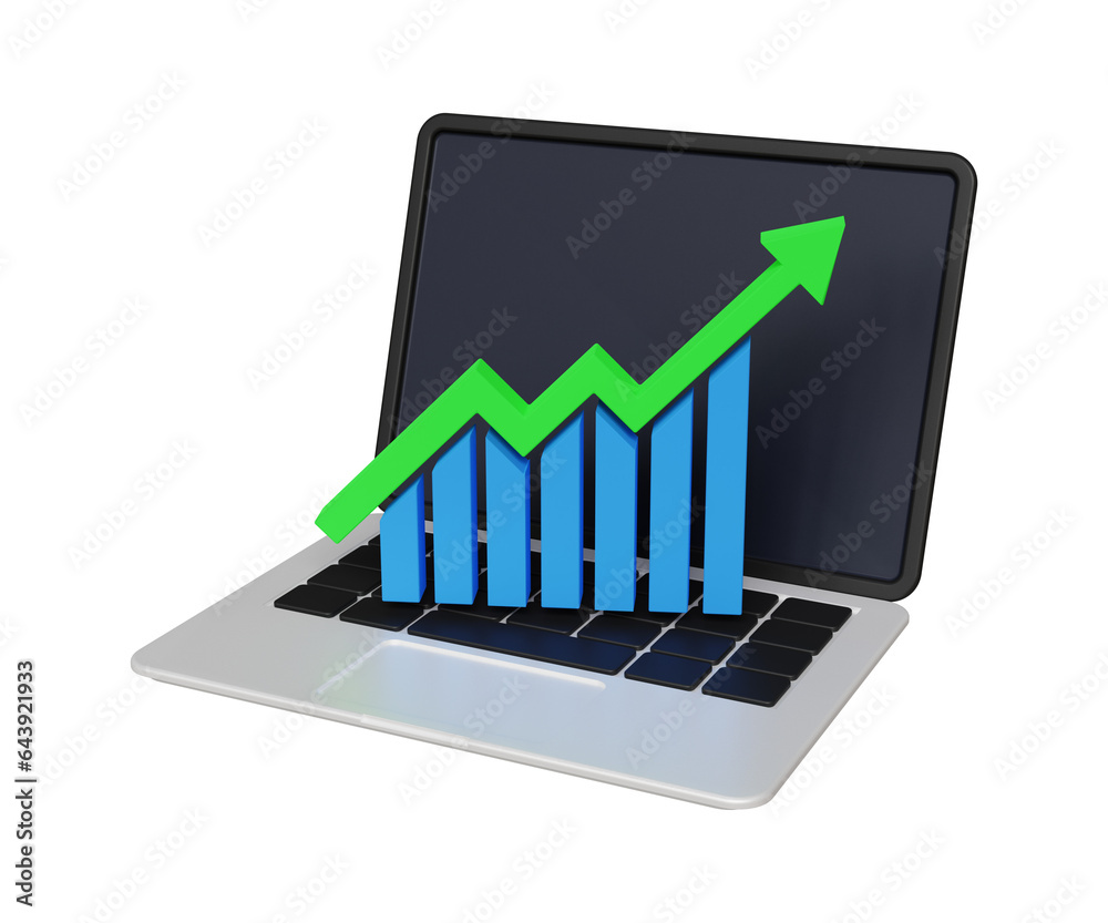 3d creative data analysis icon. Financial growth, stock up, analytics strategy. Laptop with a blue analysis bar graph. 3d illustration 3d creative data analysis icon. Financial growth, stock up, analytics strategy. Laptop with a blue analysis bar graph. 3d illustration