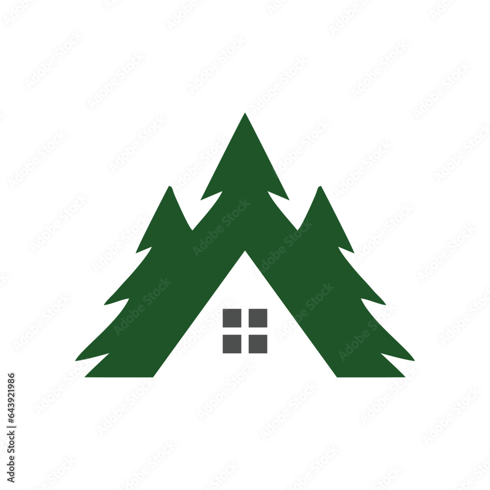 Fototapeta premium premium wooden cabin and mountain pine forest retro vector black logo design isolated white background