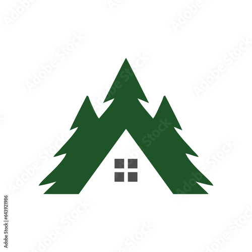 premium wooden cabin and mountain pine forest retro vector black logo design isolated white background