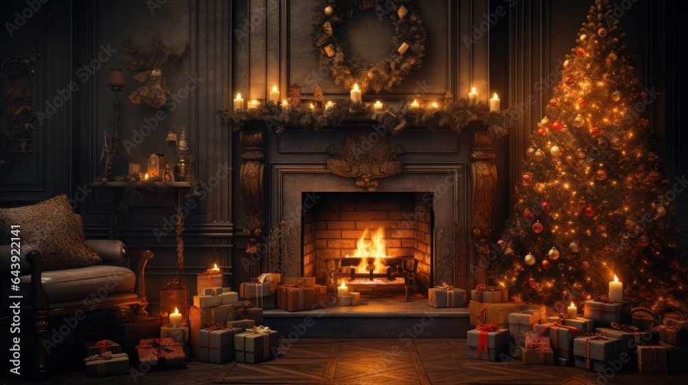 Interior of luxury classic living room with Christmas decor and magic atmosphere. Blazing fireplace, garlands and burning candles, elegant Christmas tree, gift boxes. Christmas celebration concept.