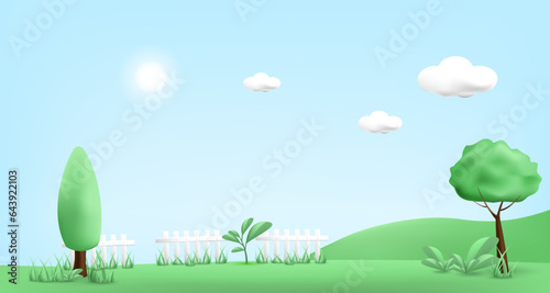 3d landscape mountain and hills illustration with 3d trees, cloud and sun. vector illustration.