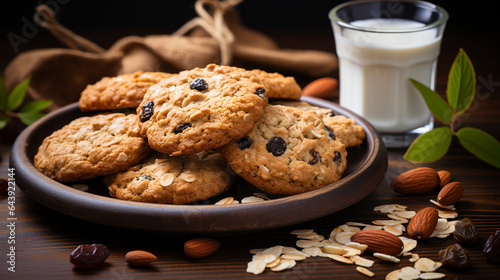 Healthy oatmeal cookies with milk on desk black background