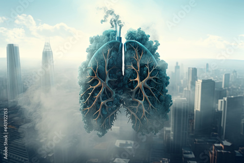Human Lungs with Industrial pipes on city background, Air Pollution, Ecological Problems