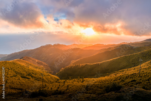 Beautiful sunset at the top of a mountain in Madeira island, Portugal