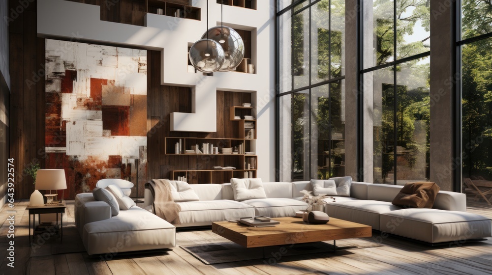 Interior of modern eclectic living area in luxury cottage. 3D decor and large abstract painting on the wall, stylish cushioned furniture, coffee table, panoramic windows. Contemporary home decor.