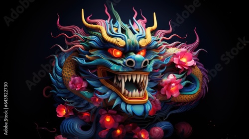 Chinese dragon with flower on black background. © Анастасия Козырева
