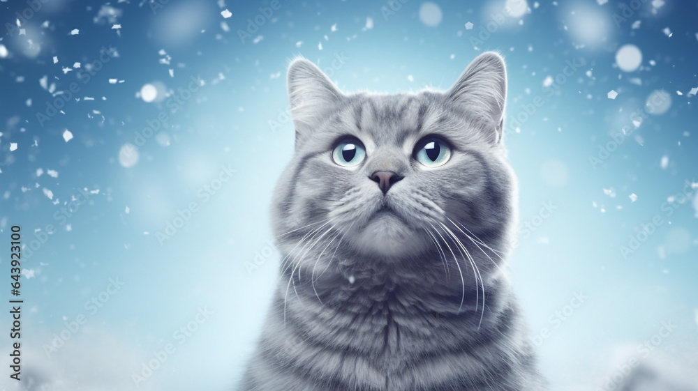 Grey cat in winter snow background, Kitty on snowy bokeh, Editorial animal concept | Generative AI Grey cat in winter snow background, Kitty on snowy bokeh, Editorial animal concept | Generative AI