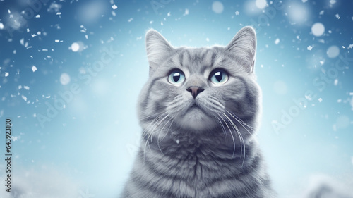 Grey cat in winter snow background, Kitty on snowy bokeh, Editorial animal concept | Generative AI