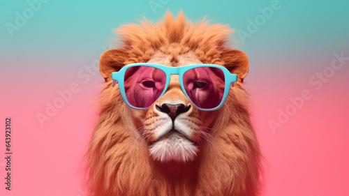 Lion wearing blue sunglasses, Party animal in pink shades on gradient background, Editorial animal concept   Generative AI ©  Made with Matcha