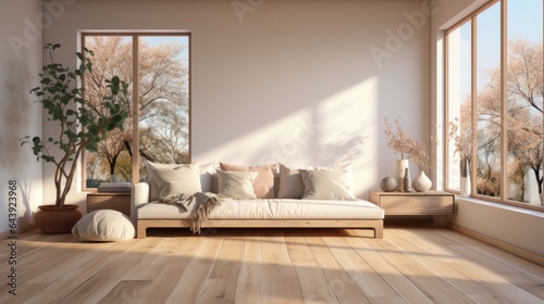 Aesthetic minimalist composition of japandi living room interior. White walls, wooden floor, elegant couch, decorative vases, exotic plants in pots, large windows. Home decor template, 3D rendering.