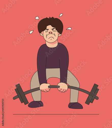 A male athlete lifts the bar. Funny cartoon style character. Vector color illustration.