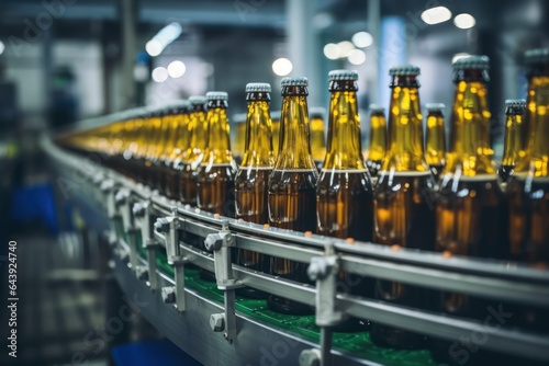 Glass brown bottles of beer on conveyor belt with light  concept brewery plant production line  beer bottling factory