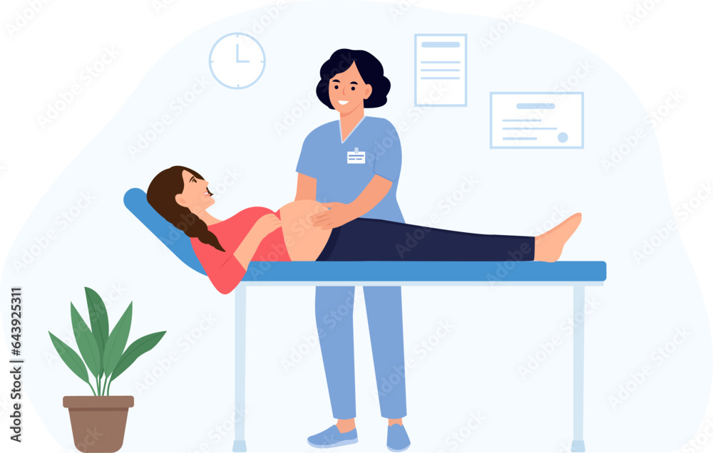 Midwife examining expectant mother and satisfied with checkup. Gynecologist, obstetrician   touching belly of pregnant patient lying on couch. Maternity and healthcare concept. Vector illustration
