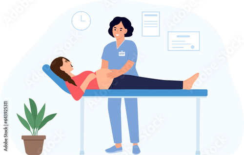 Midwife examining expectant mother and satisfied with checkup. Gynecologist, obstetrician touching belly of pregnant patient lying on couch. Maternity and healthcare concept. Vector illustration