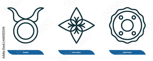 set of 3 linear icons from zodiac concept. outline icons such as taurus, affluence, greatness vector