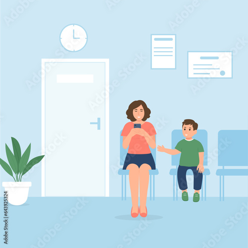 Smiling people are sitting in armchairs and waiting for a doctor's appointment at the hospital. Woman and child in a  clinic.  Health care and medical  vector illustration.  
