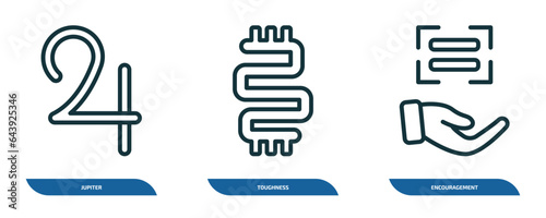 set of 3 linear icons from zodiac concept. outline icons such as jupiter, toughness, encouragement vector