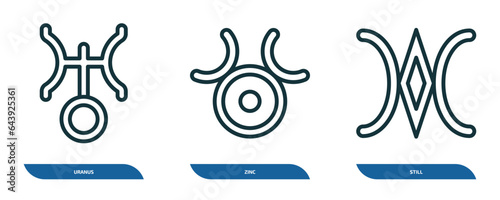 set of 3 linear icons from zodiac concept. outline icons such as uranus, zinc, still vector