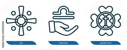 set of 3 linear icons from zodiac concept. outline icons such as soot, commitment, gods protection vector