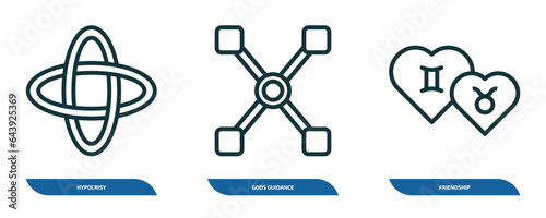 set of 3 linear icons from zodiac concept. outline icons such as hypocrisy, gods guidance, friendship vector